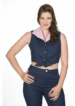 Banned Diner Days 50's Tie Blouse Dark Blue