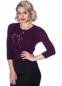Banned Cat Scallop Collar 40's Cardigan Aubergine Purple