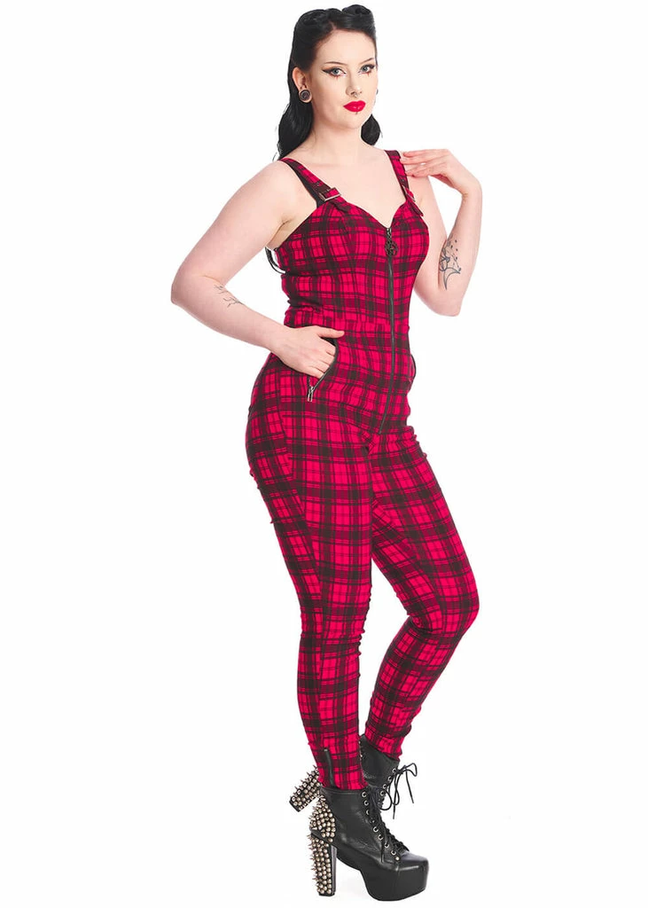 Banned Lenore Tartan 80's Jumpsuit Red 4 Banned Lenore Tartan 80's Jumpsuit Red - Image 2