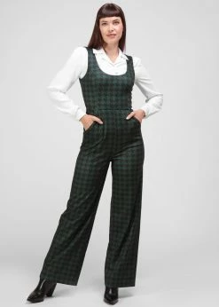 Collectif Gael Houndstooth Pinafore 40's Jumpsuit Green