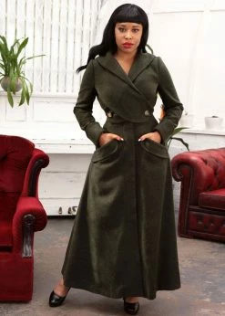 Collectif September Double Wrap 50's Coat Olive Green
