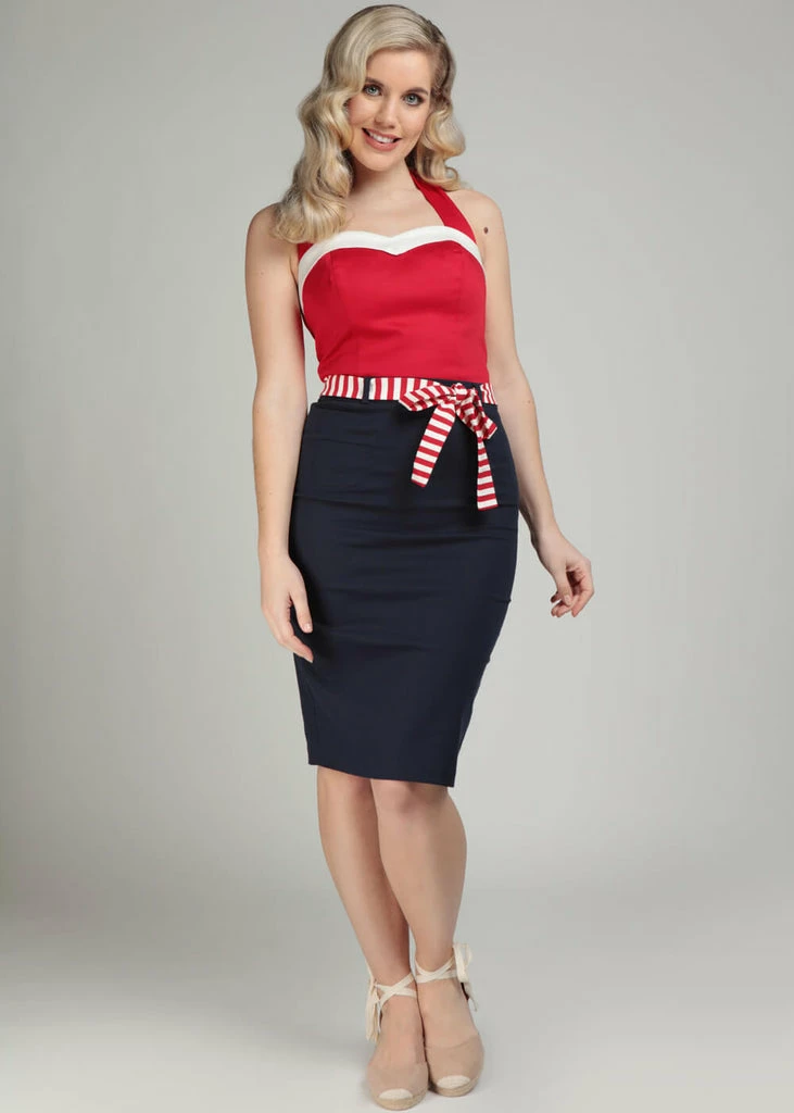 Collectif Marinella 40's Pencil Skirt Navy 4 Collectif Marinella 40's Pencil Skirt Navy - Image 2