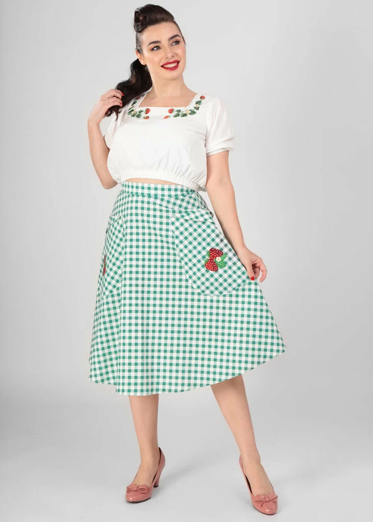 Collectif Veronica Strawberry Gingham 40's Swing Skirt Green 4 Collectif Veronica Strawberry Gingham 40's Swing Skirt Green - Image 2