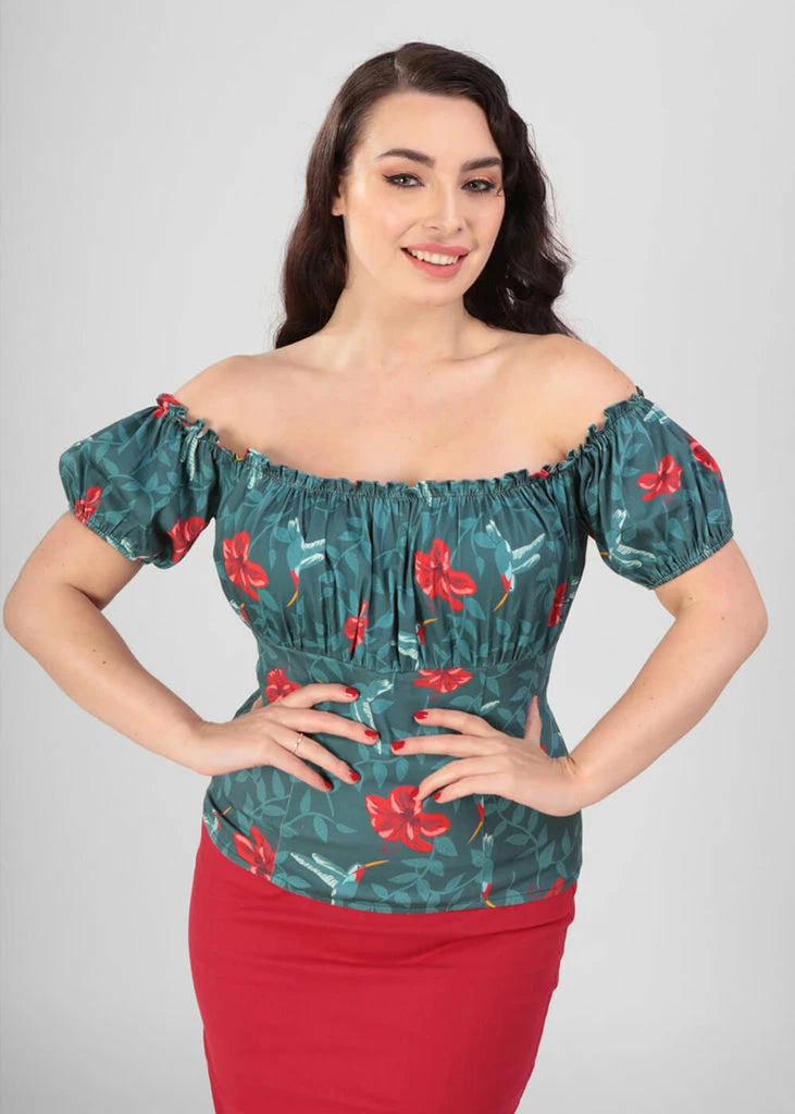 Collectif Viviana 50's Hummingbird Eden Top Teal 4 Collectif Viviana 50's Hummingbird Eden Top Teal - Image 2