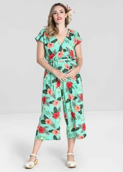 Hell Bunny Moana Hibiscus 70's Jumpsuit Mint Green