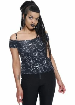 Killstar Lulu Skulls 50's Bardot Top Black