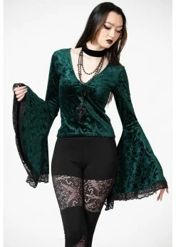 KILLSTAR Sales Store 5 Killstar Aetheling Unicorn Velvet 70's Top Emerald Green