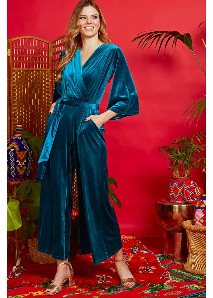 Onjenu Laurie 70's Velvet Jumpsuit In Teal 3 Onjenu Laurie 70's Velvet Jumpsuit In Teal