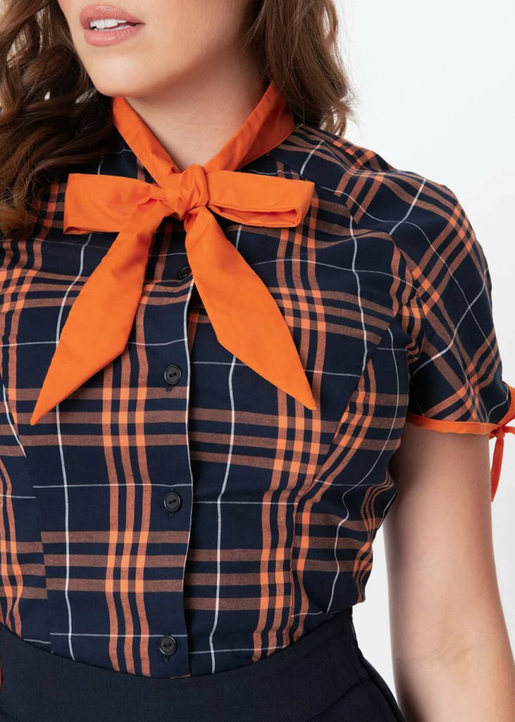 Unique Vintage Chita Plaid 40's Blouse Navy Orange - Image 2