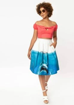 Unique Vintage X Jaws Movie Poster 50's Swing Skirt White Blue -KILLSTAR Sales Store unique vintage K1119WB0 jaws poster swing skirt wt bl 0 1024x1024