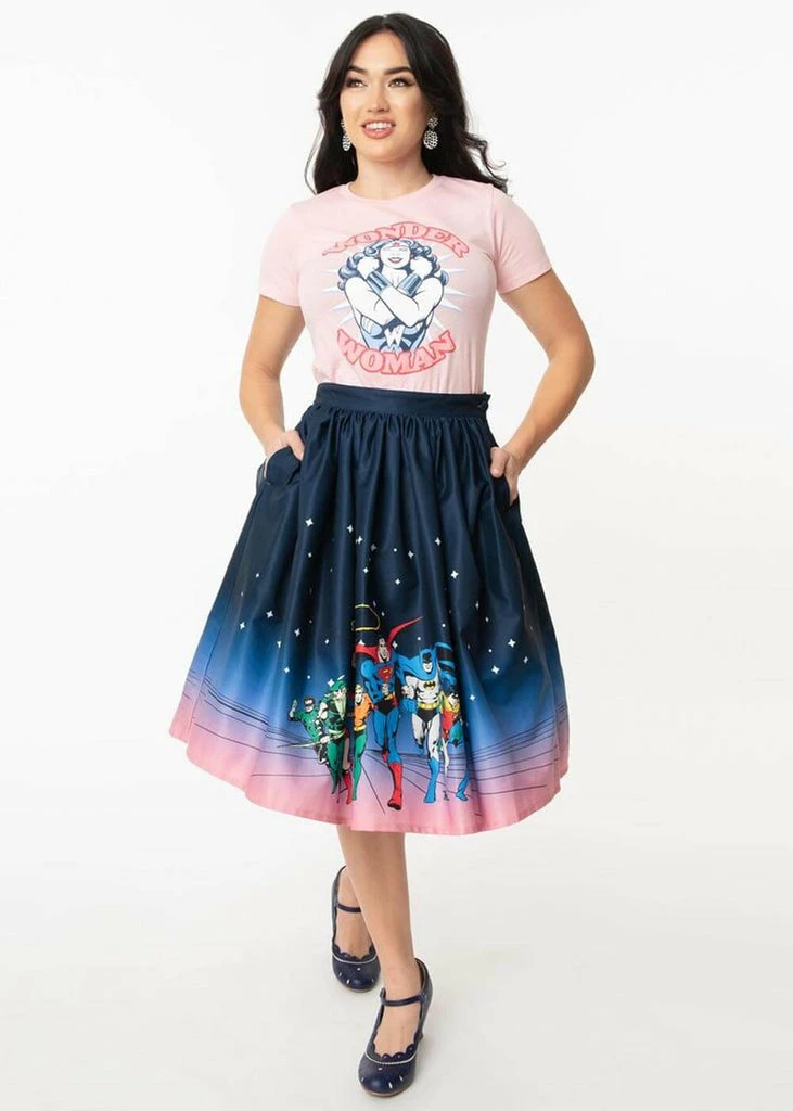 Unique Vintage X DC Comics Justice League 50's Swing Skirt Blue 6 Unique Vintage X DC Comics Justice League 50's Swing Skirt Blue - Image 4