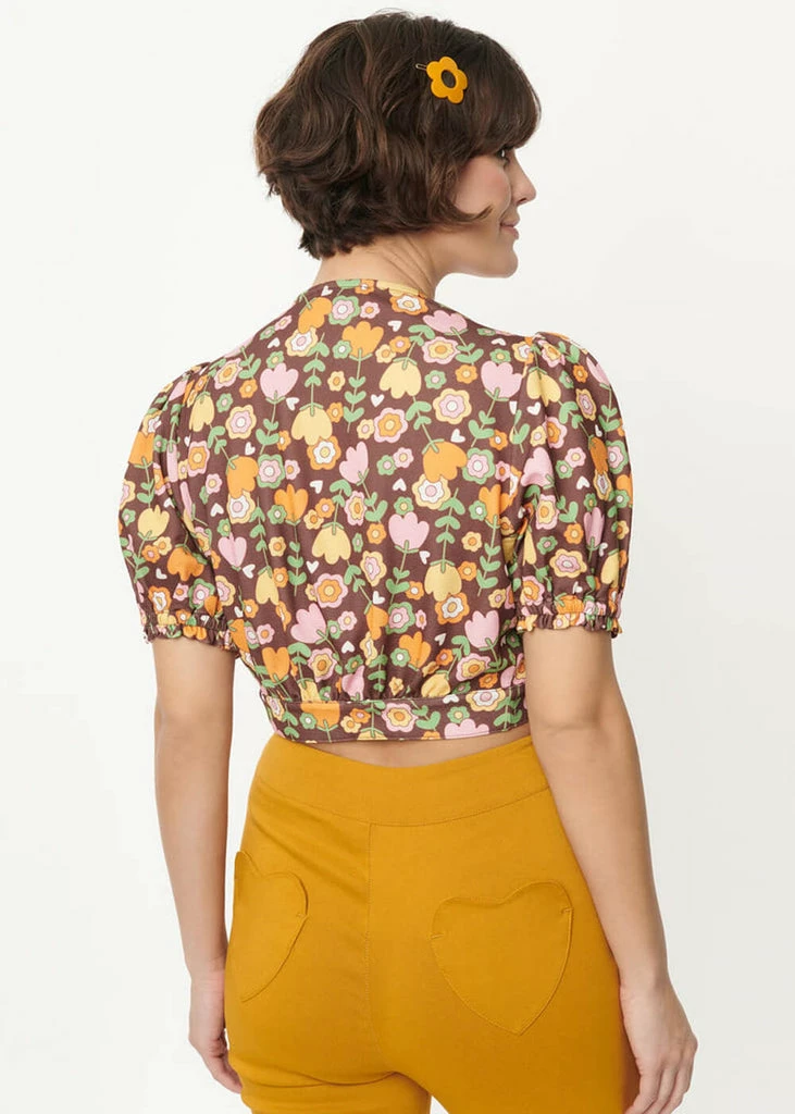 Unique Vintage Smak Parlour Roller Queen Tulip 60's Crop Blouse Brown - Image 5