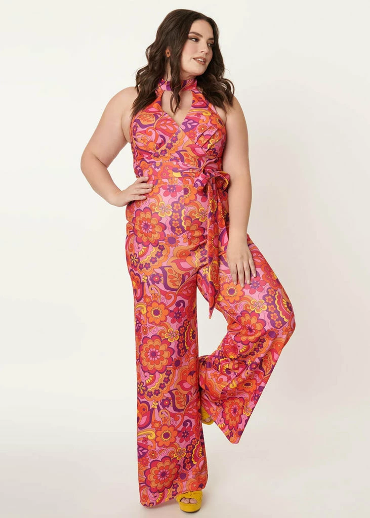 Unique Vintage Smak Parlour Glamour Goddess Floral 70's Jumpsuit Pink