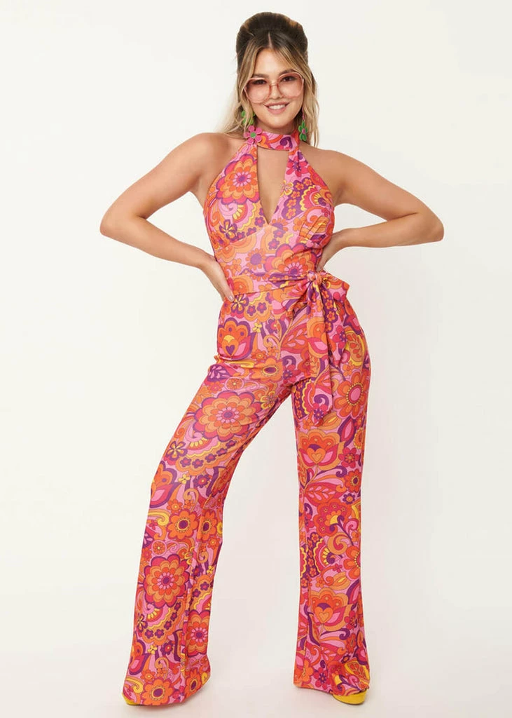 Unique Vintage Smak Parlour Glamour Goddess Floral 70's Jumpsuit Pink - Image 3